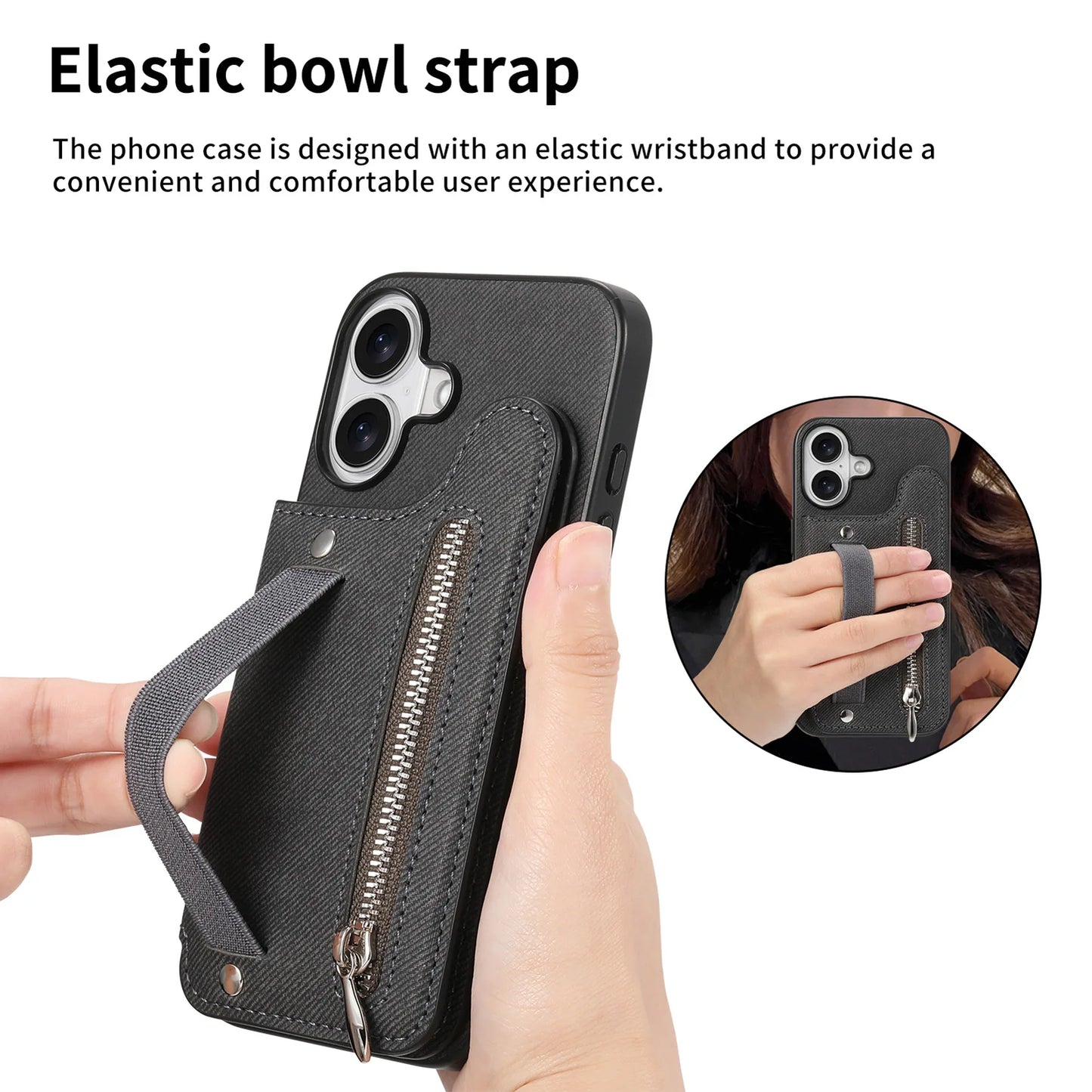 Leather Wallet Phone Case with Wrist Strap and Card Holder
