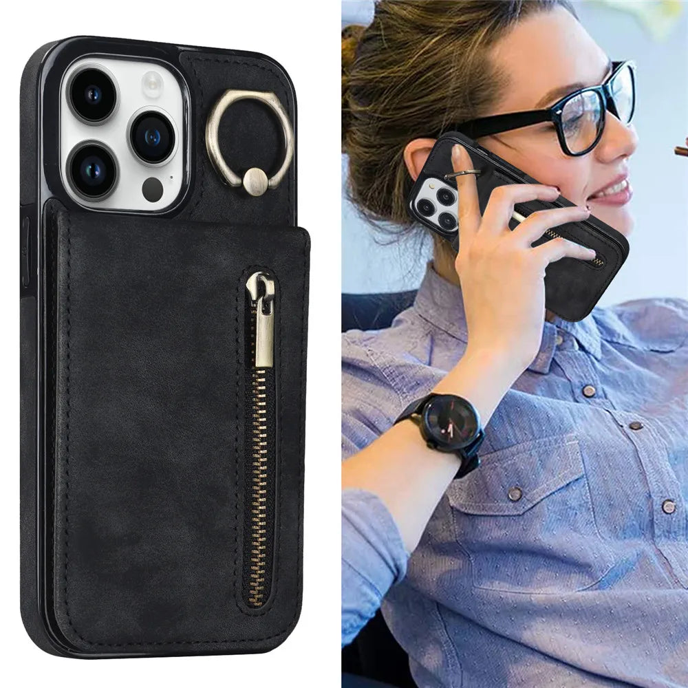 Zipper Wallet Leather Phone Case with Card Holder Kickstand