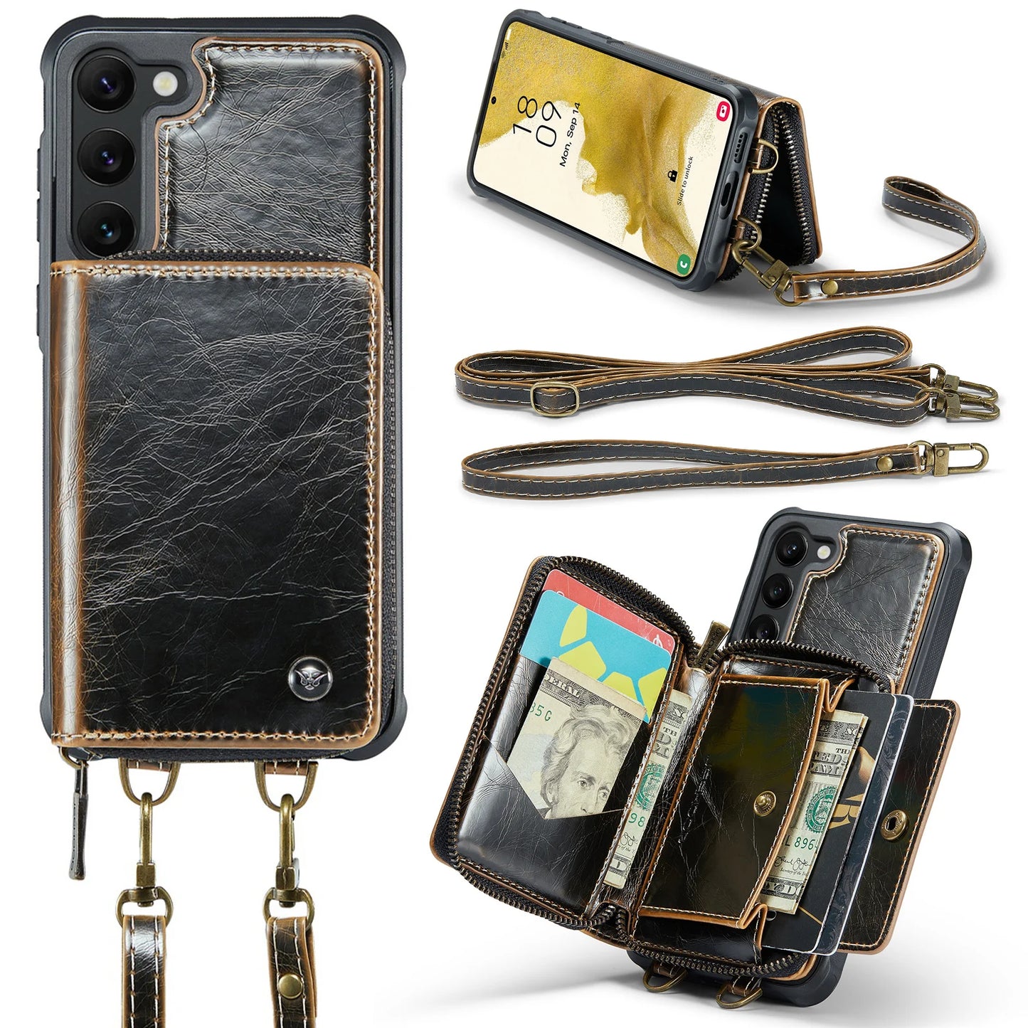 Crossbody Leather Wallet Case with Card Slots for Samsung