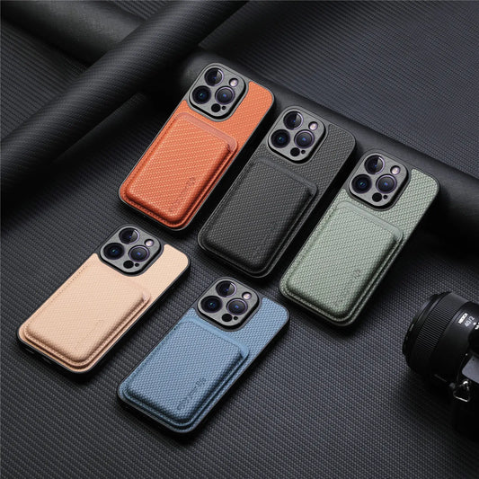 Carbon Fiber PU Leather MagSafe Case with Card Holder for iPhone